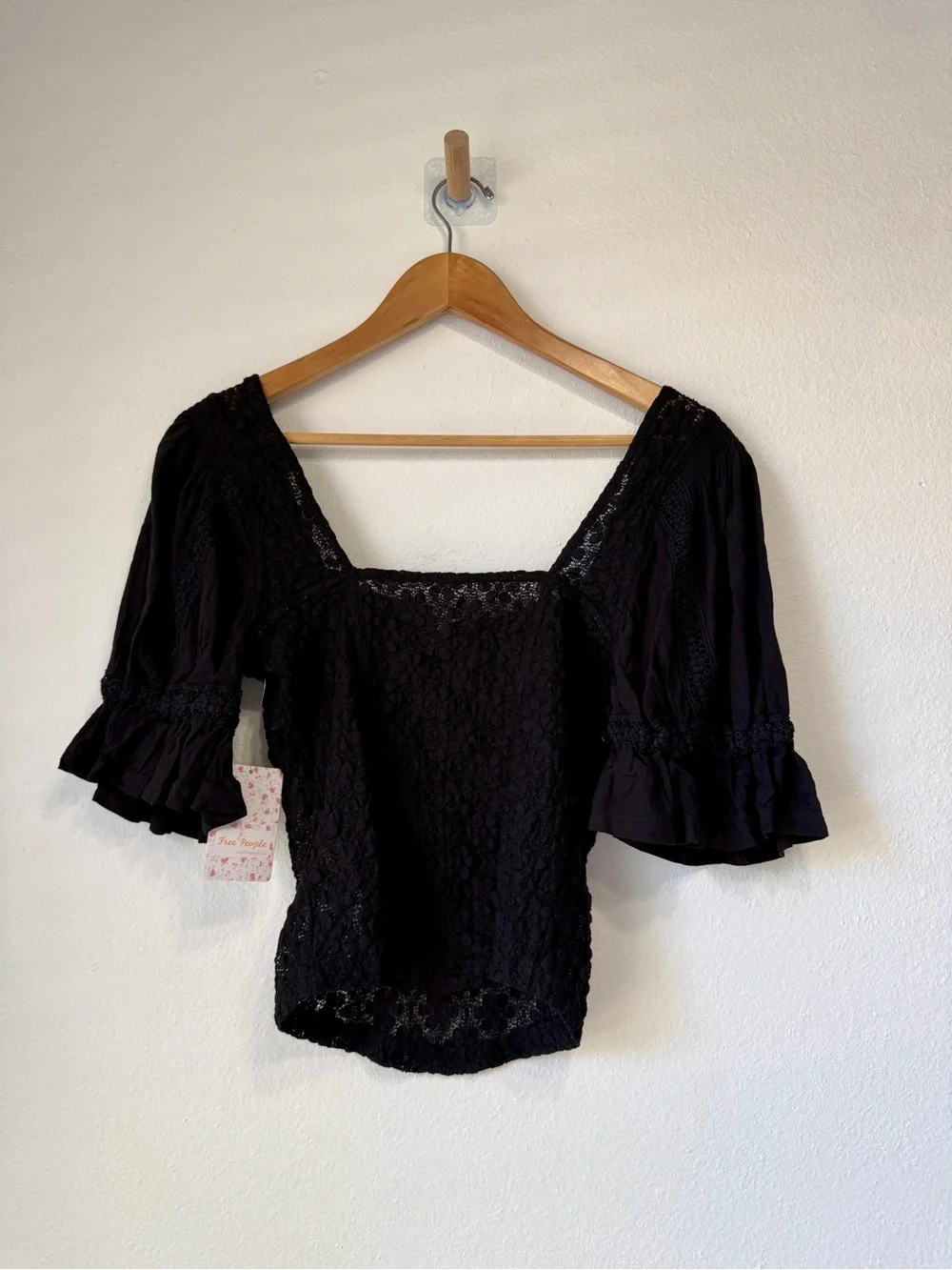 Free People Black Lace Square Neck Ruffle Sleeve Top Size S